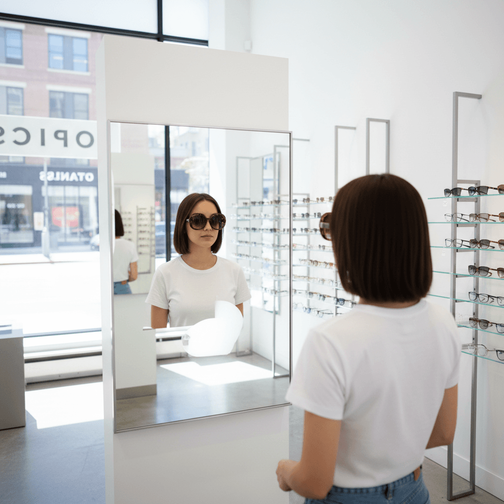 Client essayant des lunettes de soleil devant un miroir dans un magasin lumineux et moderne