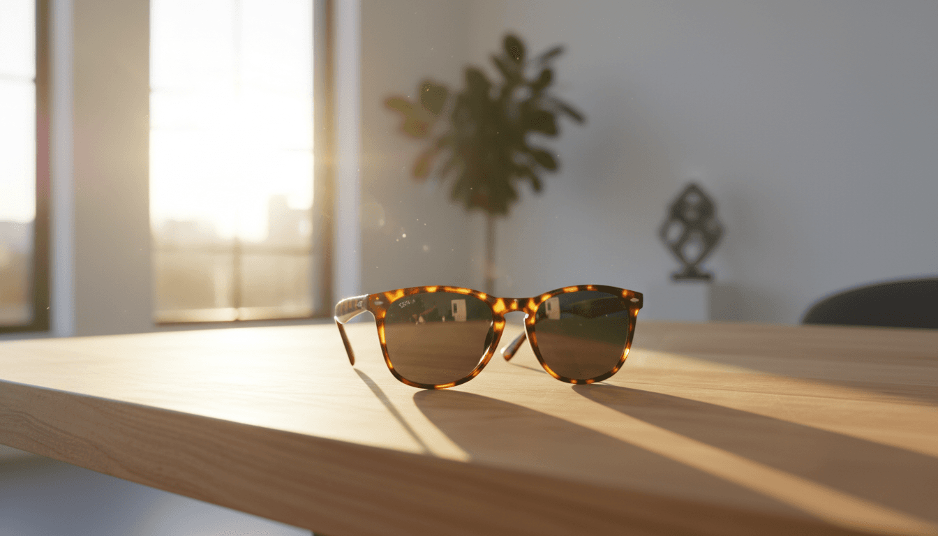Lunettes de soleil posées sur une table en bois avec la lumière du jour