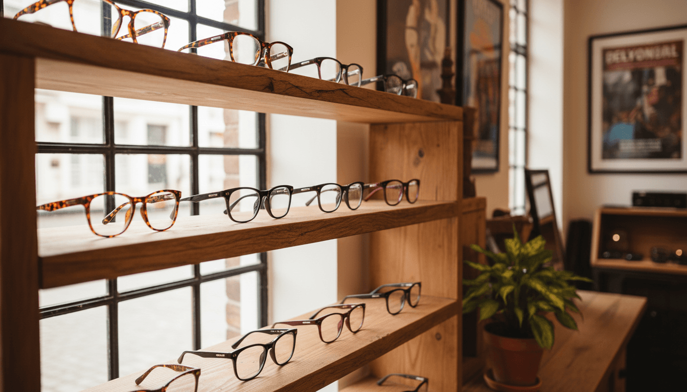 Présentoir en bois avec des montures de lunettes classées par couleur