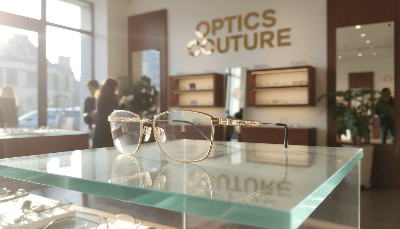 Montures de lunettes sur un présentoir en magasin d'optique