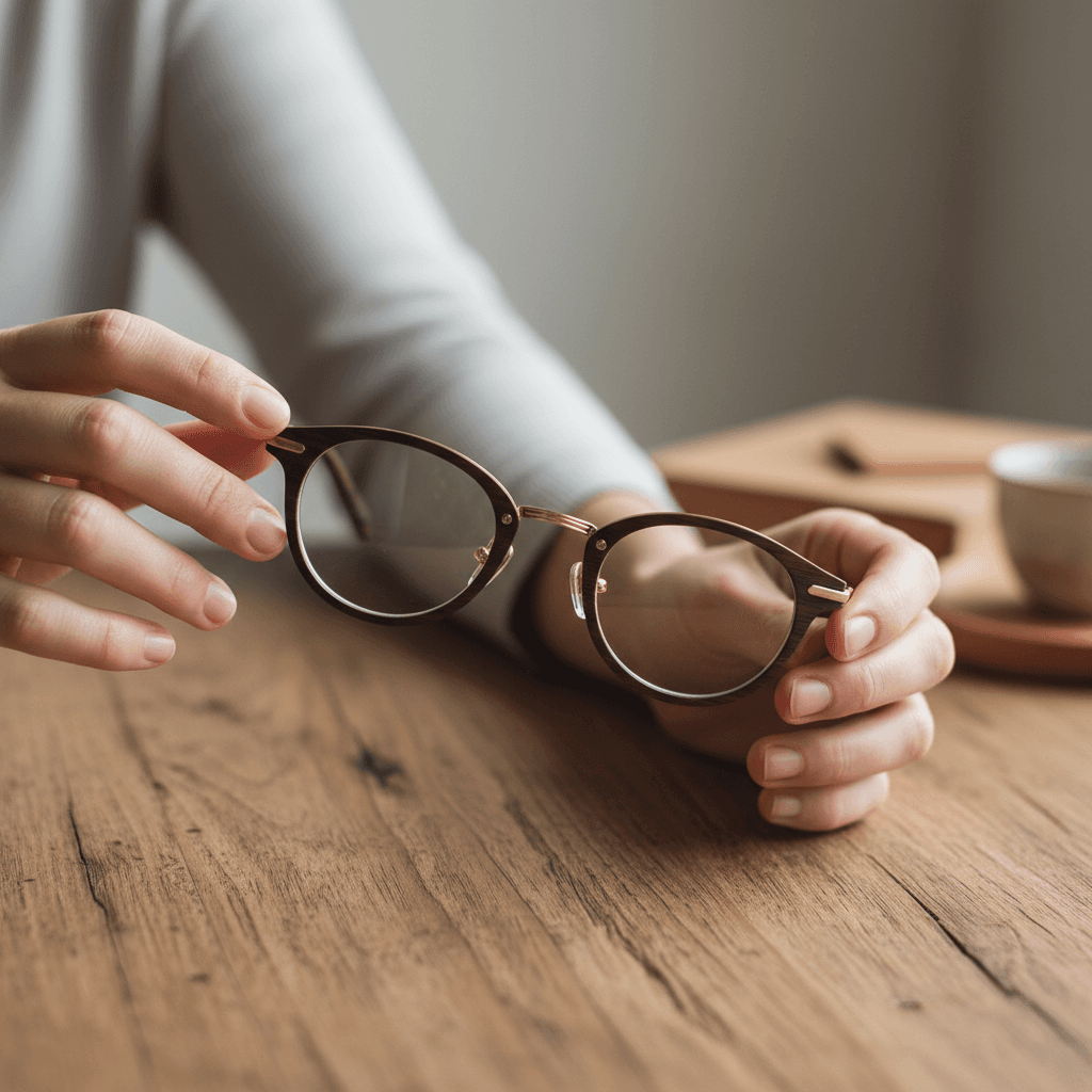 Gros plan sur des mains tenant des lunettes modernes avec verres clairs sur une table en bois, lumière naturelle