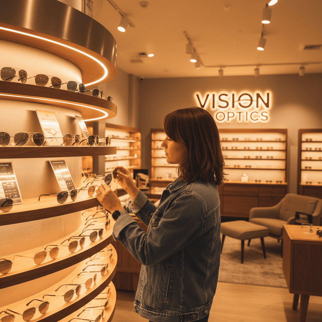 Personne choisissant des lunettes de soleil sur un présentoir dans un magasin d'optique avec un éclairage chaleureux