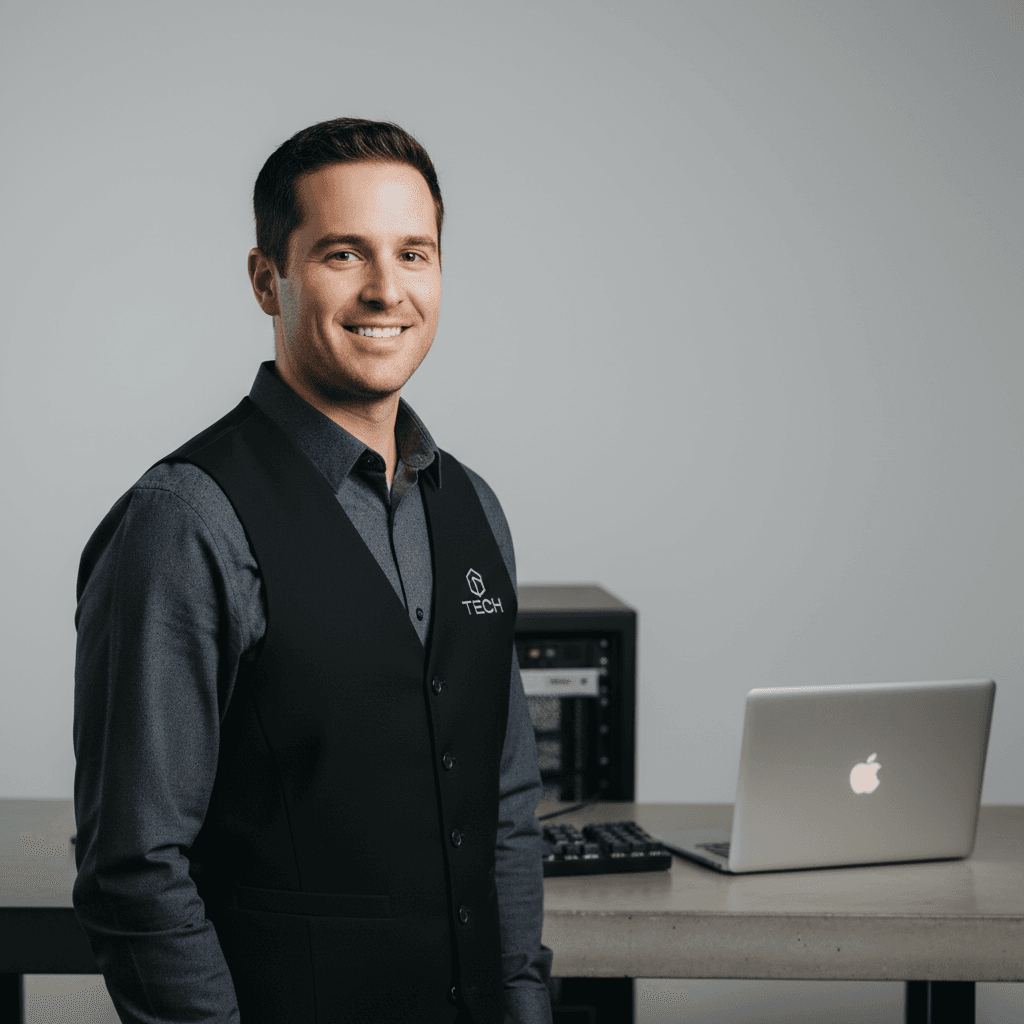 Professional portrait of confident software engineer in casual business attire against neutral background