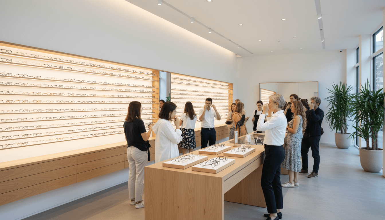 Persona probándose gafas de sol en una óptica moderna con luz cálida