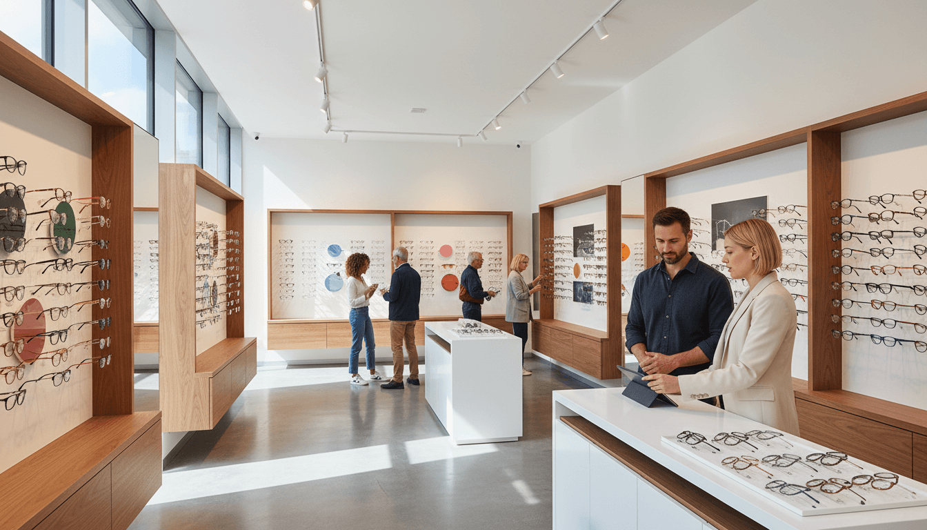 Cliente essayant des lunettes de soleil dans une boutique Opticcity à Madrid