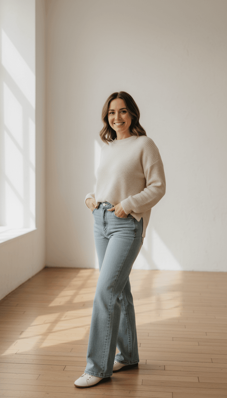 Confident woman smiling directly at camera in bright studio space, embodying personal empowerment and self-assurance