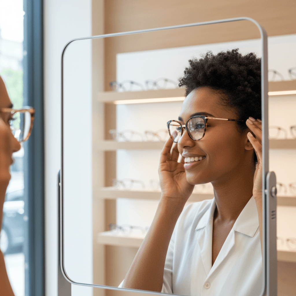 Femme essayant des lunettes de soleil dans une boutique lumineuse