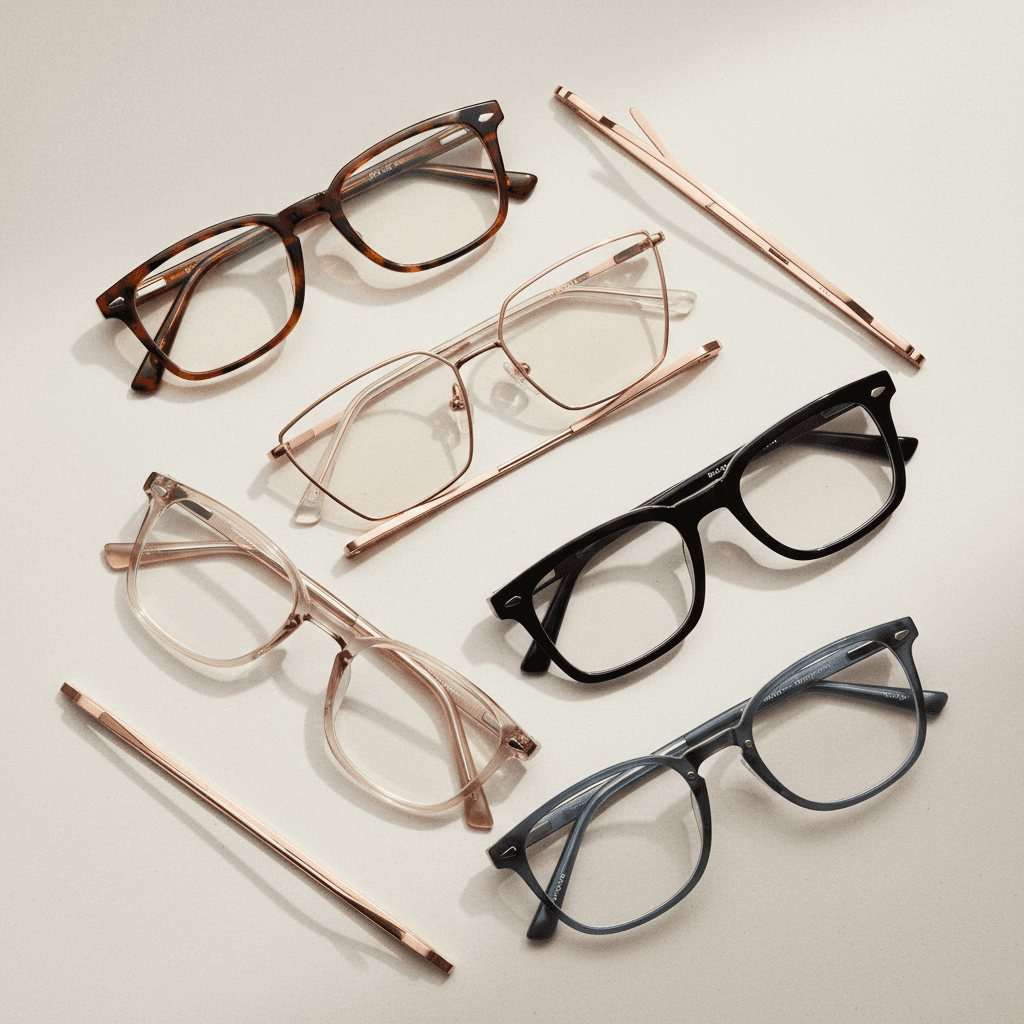 Overhead collection of premium eyeglass frames displaying diverse styles, materials, and contemporary optical fashion designs