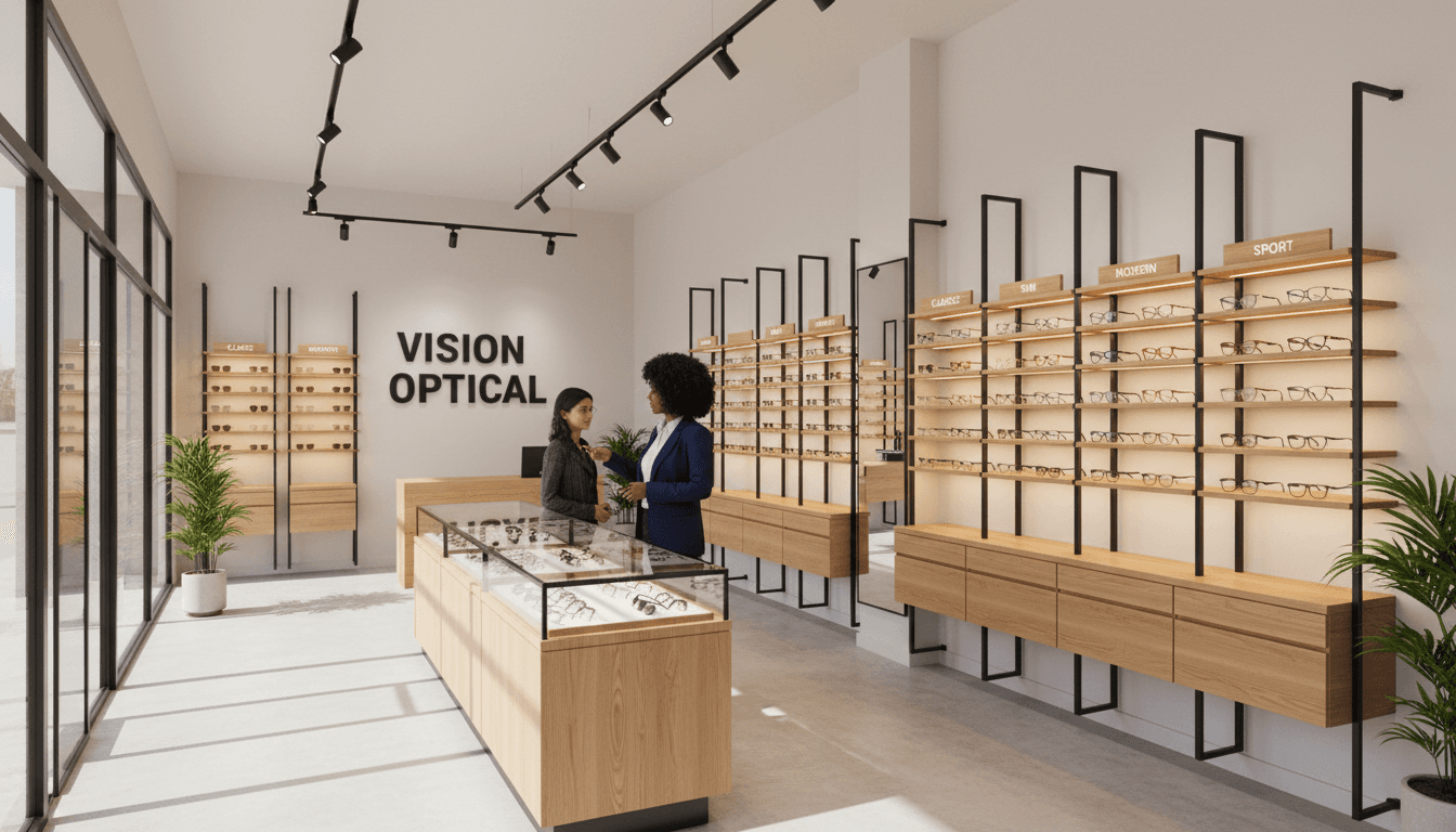 Intérieur d'opticien à Madrid avec présentoir de montures